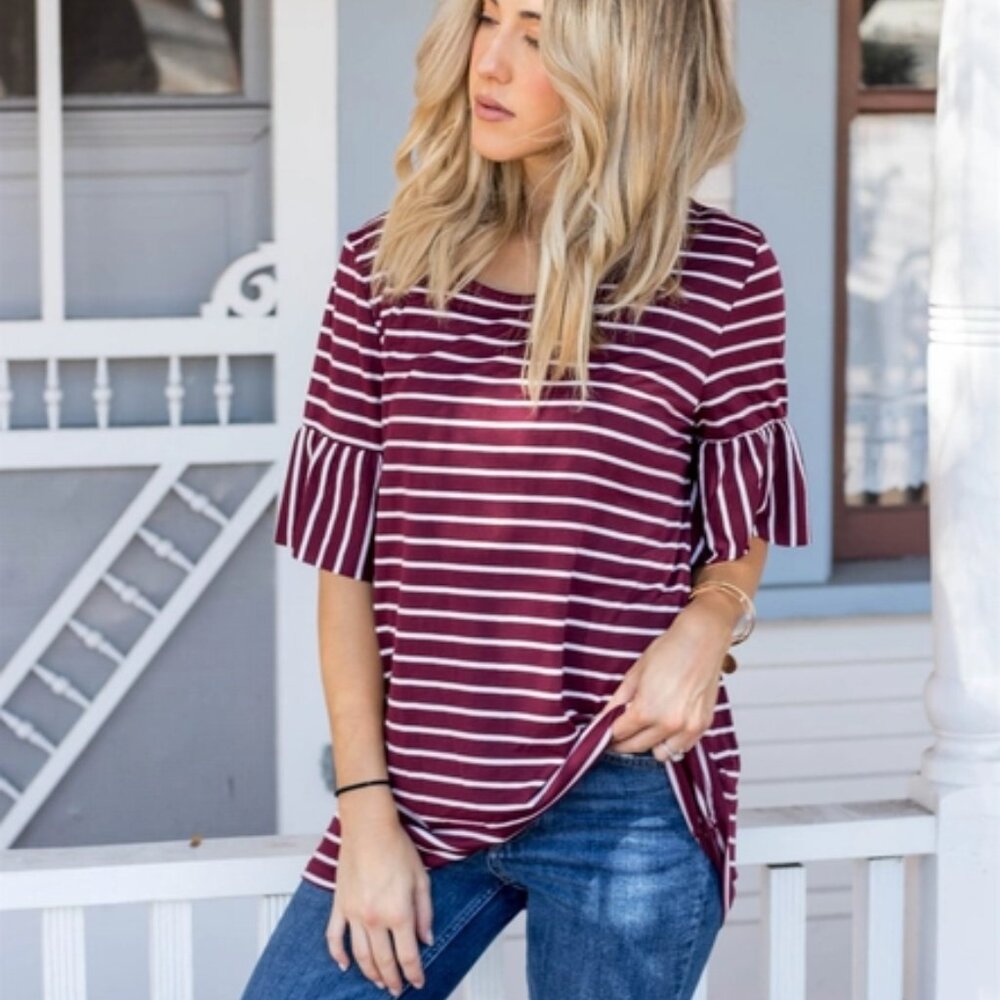Boutique Payton Stripe Flare Sleeve Top
